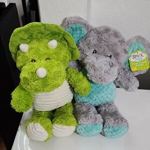 Baby Nursery Soft Sensory Sounds Elephant & Dinosaur Plush Toy Set of 2 NEW